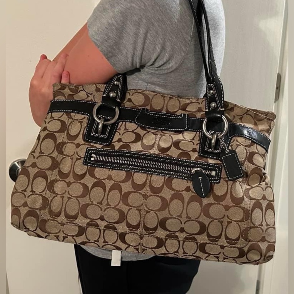 Coach - large brown canvas purse with ruffle top.